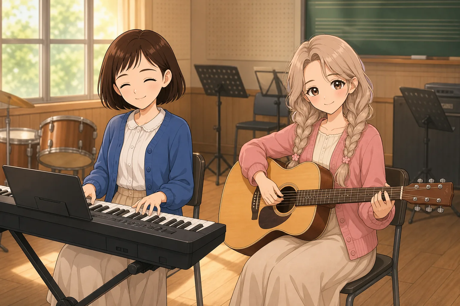 栗原せな、麦倉ふわりが音楽室でセッションを楽しむ様子